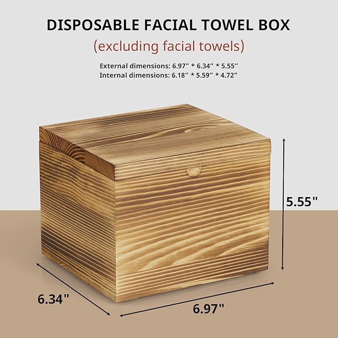 Disposable Face Towel Holder, Burnt Wood Box Compatible with Clean Towels XL(NOT Included), Black Container for Cleansing Facial Dry Wipes, Face Towelettes Bathroom Counter Storage