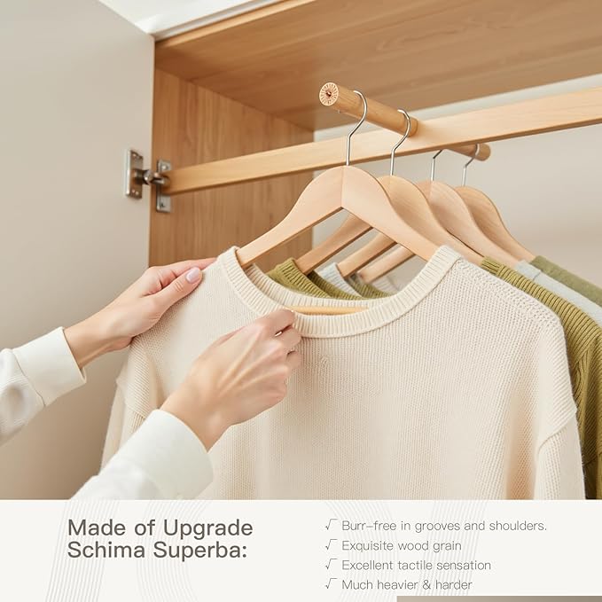 Wooden Hangers 30 Pack,Heavy Duty Solid Wooden Clothes Hangers with Pant Bar,360-Degree Rotatable Hook,Durable & Slim Wood Hangers for Coats,Jackets,Dress,Pants(Natural)
