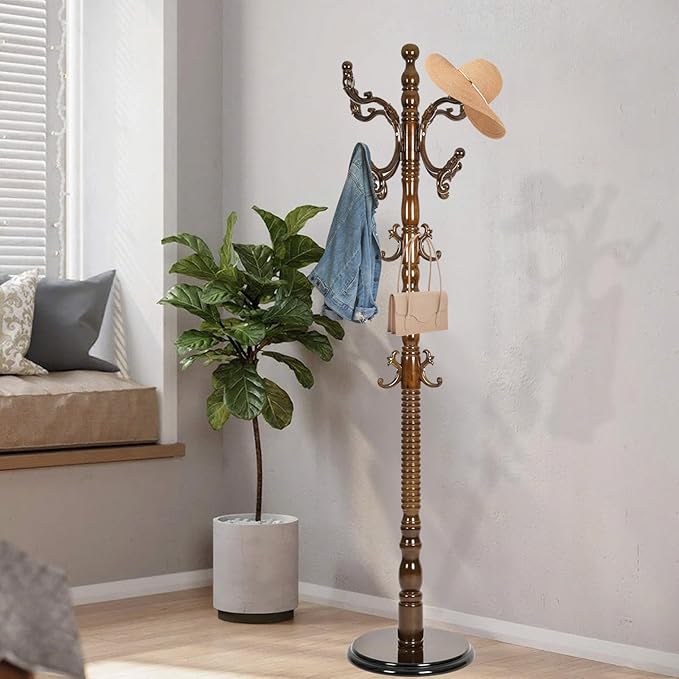 Wooden Coat Rack Freestanding with Resin Hooks, Adjustable Heavy Duty Stand for Hanging Coats, Bags, Hats, and Umbrellas in Living Room, Bedroom, Entryway (Walnut Color)