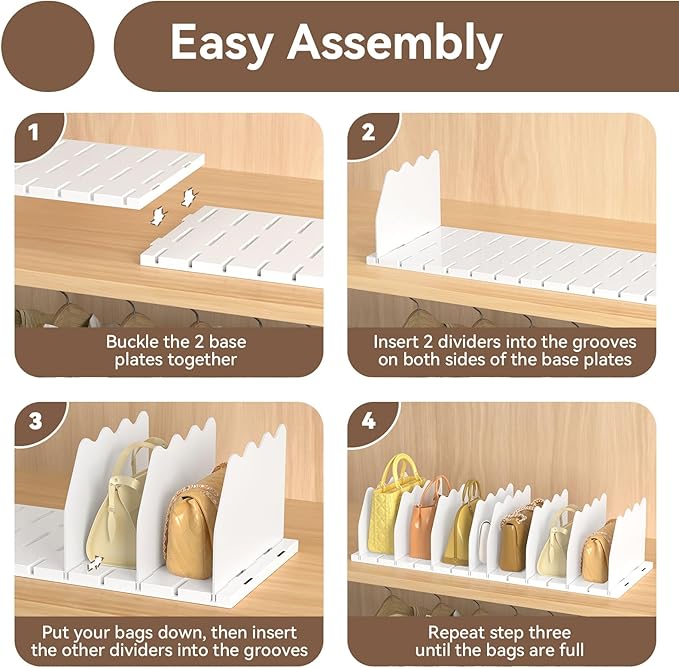 SOYO Adjustable Purse Organizers for Closet, Acrylic Shelf Divider for Bag and Purse Storage, Pocketbook and Handbag Organizer, Bookshelf Separator Organizers for House, Office Use, White，2pc