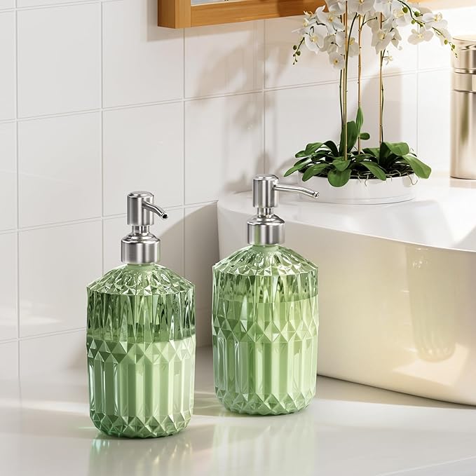 AmazerBath Soap Dispenser, Green Glass Soap Dispenser with Pump Stainless Steel, 14.2OZ Refillable Hand Bottles Bathroom Kitchen, 1 Pack