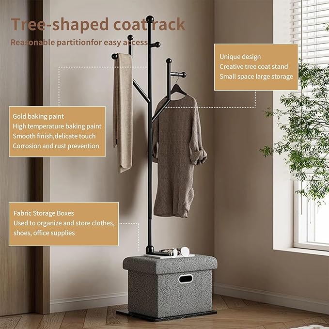 Modern Metal Coat Rack Stand, Heavy Duty Coat Rack Freestanding with Natural Marble Base, 8 Hooks, Ideal for Bedroom, Entryway, Hallway, Office, Gifts for Women, for Mom, for Men (Black)