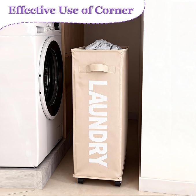 Slim Rolling Laundry Hamper with Wheels, 42L Collapsible Narrow Laundry Basket with Drawstring Mesh Cover, Foldable Dirty Clothes Organizer for Bathroom, Dorm, Small Spaces, Khaki