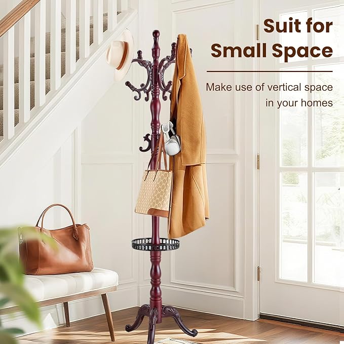 Freestanding Coat Rack with 11 Hooks, Sturdy Wooden Hall Tree for Entryway, Heavy-Duty Tri-Legged Base for Hats, Jackets, Bags, Easy Assembly for Bedroom, Hallway, Office