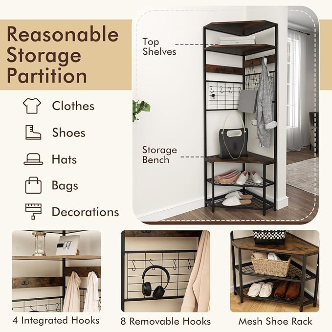 Giantex Corner Hall Tree, 73" Tall Coat Rack w/Shoe Storage Bench, 12 Metal Hooks, 5-Tier Entryway Shoes Shelf Organizer, Freestanding Clothes Rack for Living Room, Bedroom (Rustic Brown & Black)