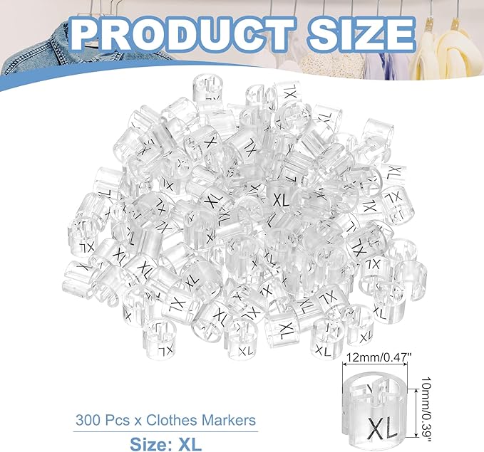 PATIKIL 300 Pcs Clothes Hanger Markers XL Fit Rod Garment Size Tag Hanger Clips Round Color Coding Label for Clothing, Clear