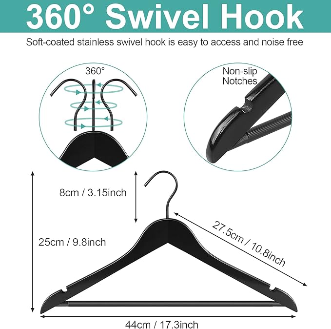 20 Pack Wooden Hangers — Premium Solid Wood Suit & Coat Hangers with Non-Slip Pants Bar, Silent Coated Hooks, 360° Swivel for Closet Organization (Black)