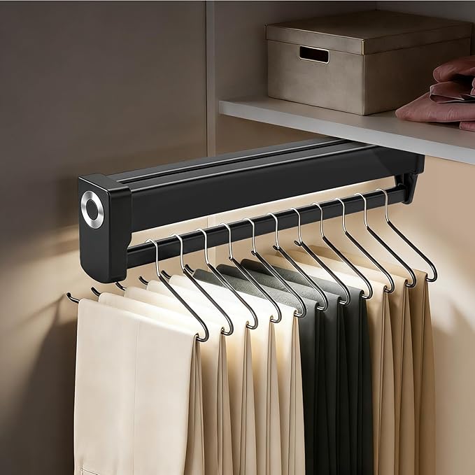Pull Out Closet Valet Rods with LED Lighting, Adjustable Heavy Duty Steel Clothes Storage Hanger Rail, Sliding Top Mounted Wardrobe Rail with Built-in Lithium Battery for Pants Coats(300mm/11.8inch)