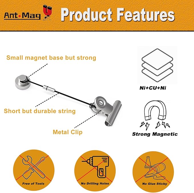 Ant Mag Magnets Clips for Hanging Metal Clips with Strings Perfect for Gloves Towels Hats Organization, Magnetic Clip for Fridge Locker Grill Indoor Outdoor Use 6 Pack