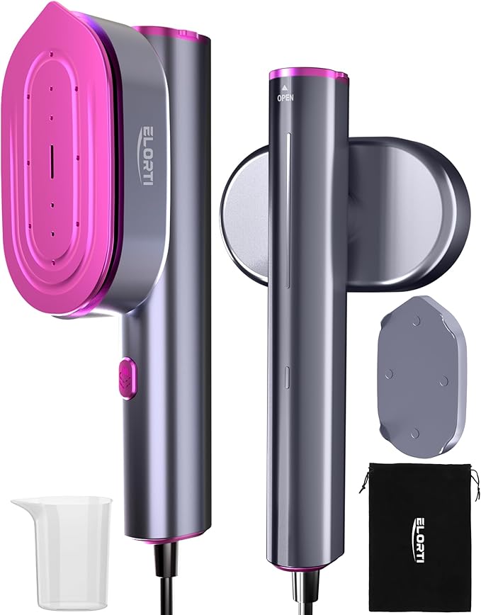 ELORTI Travel Steamer for Clothes, Handheld & Portable 2-in-1 Design, 10s Rapid Heat, 1200W Rotating Head, Compact Size 110–120V for Travel, Home (Red)