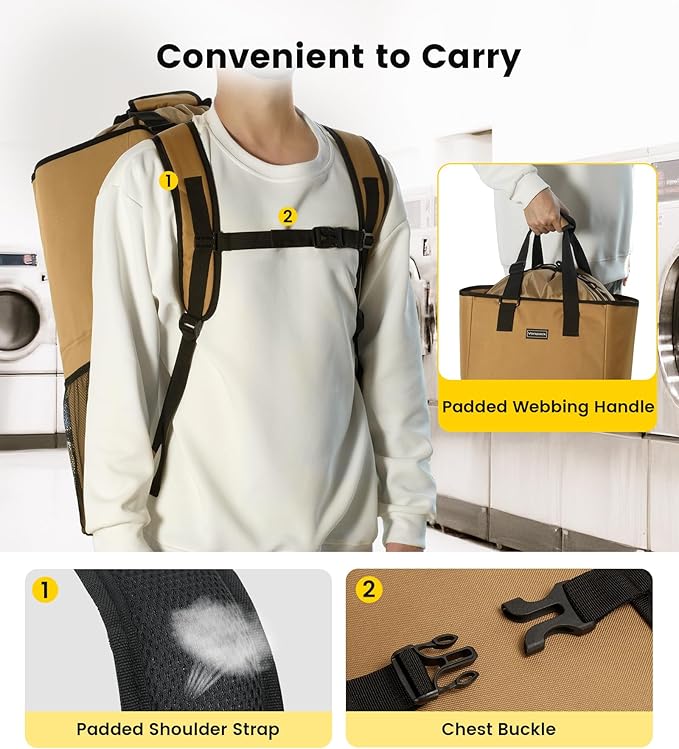 Vorspack Laundry Bag Backpack - Extra Large Laundry Bags with Shoulder Straps Heavy-duty 2 in 1 Laundry Hamper Basket for College Dorm Camp Laundromat Room Essentials - Khaki