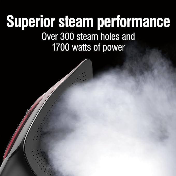 CHI Steam Iron for Clothes, 300+ Holes for Powerful Steaming, Temperature Dial, 1700 Watts, XL 10’ Cord, Auto Shutoff, Lava Infused Ceramic Soleplate, Black (13130)