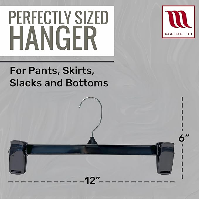 Mainetti Black Plastic Clothes Hangers 20 Pack | 12-Inch Space Saving Hangers with 360 Swivel Metal Hook & Non-Slip Clips | Closet Hangers Ideal for Pants, Skirts, Slacks and Shorts (6012BRSEMN20)