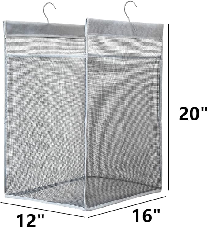ALYER Hanging Collapsible Closet Mesh Laundry Hamper,Heavy Duty Laundry Basket and Durable Dorm Bathroom Storage Bag with Two Hangers,Gray