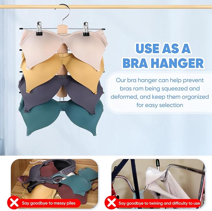 VANZAVANZU Pants Hangers with Clips, Space-Saving 4-Tier Skirt Hangers, 360° Swivel Pant Hangers with Movable Clips, Stainless Steel & Wood Clothes Hangers, for Dorm Rooms & Apartments, 2-Pack