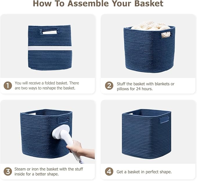 UBBCARE Set of 4 Cotton Rope Basket 12 X 12 X 12 Inches, Woven Storage Baskets for Shelves, Organizing with Handles, Cube Storage Bins for Storage Books, Magazines, Navy Blue