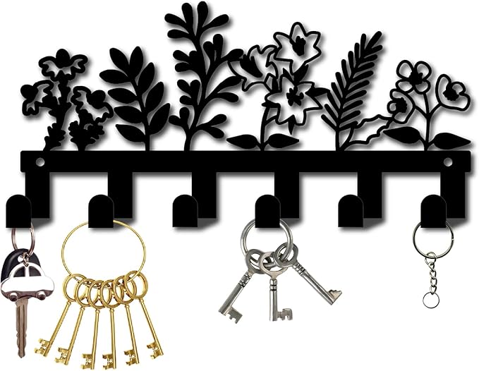 CREATCABIN Flower Key Holder Wall Mount Metal Key Hanger Decorative with 6 Hooks Iron Black Coat Hanger Rack Organizer for Entryway Front Door Bedroom Cabinet Towel Backpack Hanging 10.6 x 5.1 Inch