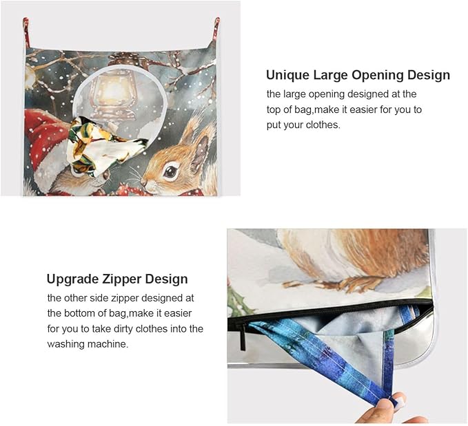 Christmas Squirrels Watercolor White Door Hanging Laundry Hamper Bag with Free Adjustable Stainless Steel Hooks Dirty Clothes Hamper Extra Large Over the Door Laundry Hamper 29.5X20inch 1 PCS