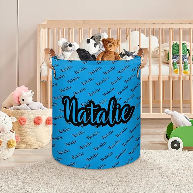 Personalized Laundry Basket, Custom Gift Laundry Hamper, Collapsible Nursery Waterproof Laundry Baskets, Dirty Clothes Toy Hamper with Handles Name Blue Black