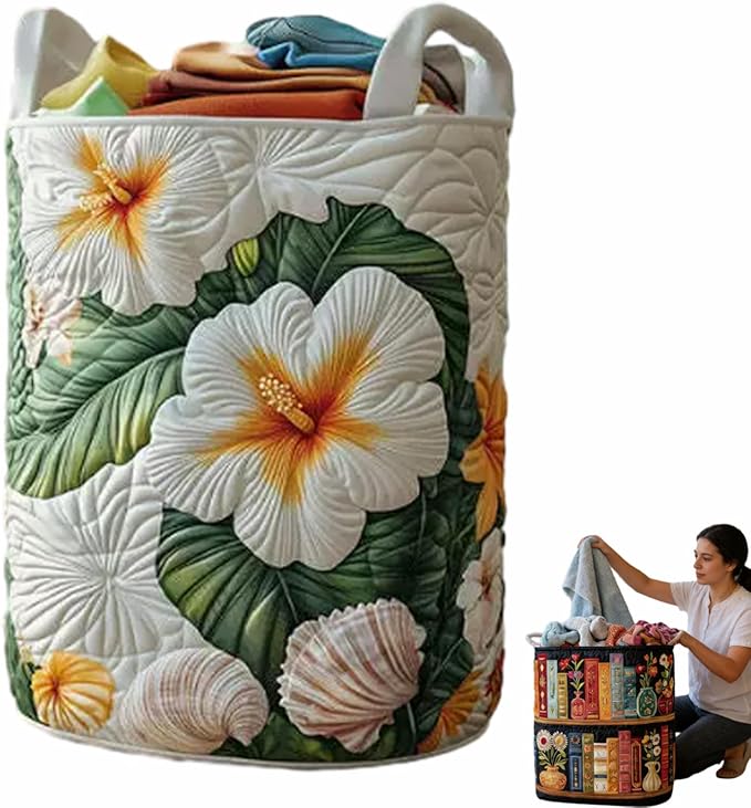 Quilted Laundry Basket, Quilted Laundry Basket with Handles, Boho Fabric Floral Storage, For Bedroom Laundry (#20, 14"L x 14"W x 18"H)