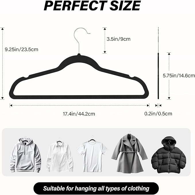 Simple Deluxe Velvet Hangers 30 Pack, Non-Slip Clothes Hangers with Shoulder Notches, 360° Swivel Hooks, Heavy Duty Coat Suit Hangers for Closet Space Saving, Black