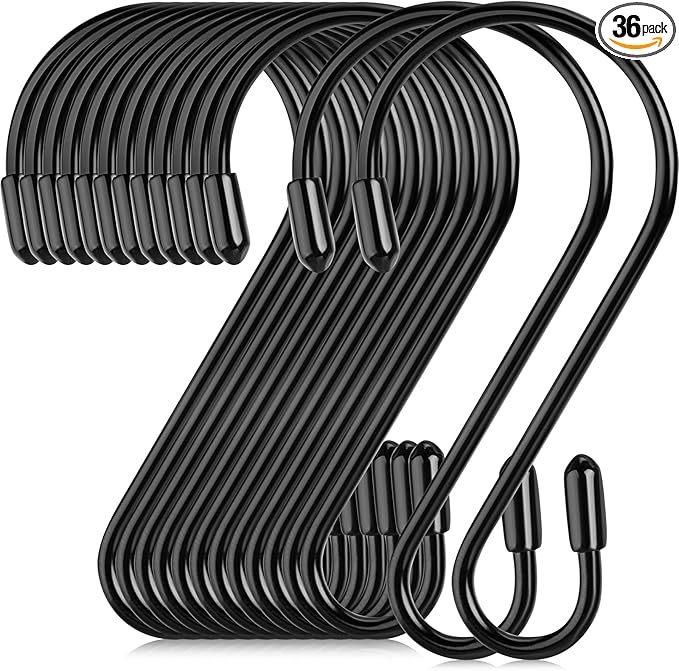 Hotop 36 Pcs S Hooks for Hanging 3.15 Inch Heavy Duty S Shaped Stainless Steel Hook Metal Hanging Curtain Hooks Pan Pot Holder Rack for Pot, Pan, Cups, Plants, Bags, Jeans, Towels(Black)