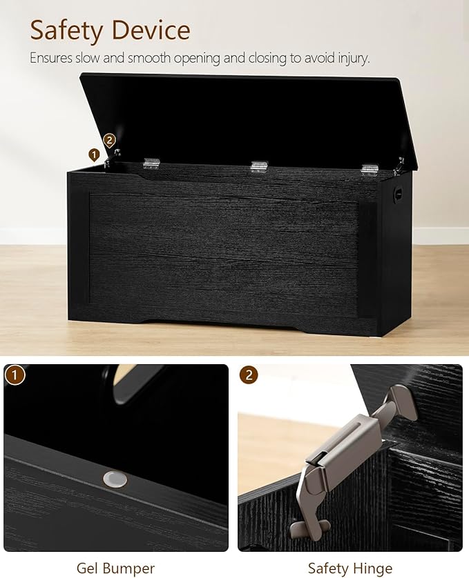 usikey 39.4” Storage Chest, Toy Chest, Toy Box with Safety Hinges, Lift Top Storage Bench, Supports 220 lb, for Living Room, Bedroom, Entryway, Black