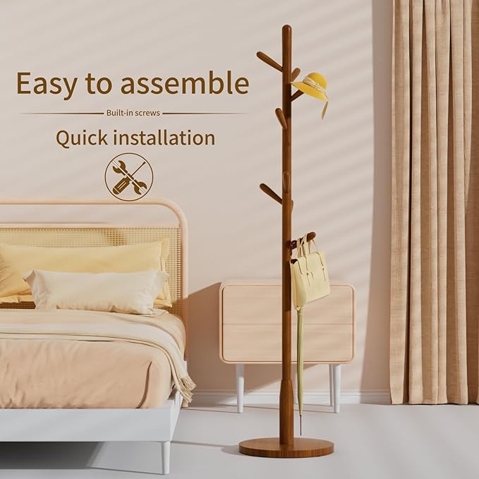 Solid Wood Round Base Coat Rack, Free Standing Hall Coat Tree with 8 Hooks（+2 spare for Coats, Hats, Bags, Purses, for Entryway, Hallway, Rubberwood Hooks,Base and Pole(Round Base,Brown)