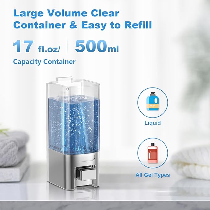 SVAVO Wall Mounted Soap Dispenser - Manual Kitchen Bathroom Hand Soap Dispenser with Anti-Leakage Nozzle Container for Liquid/Gel/Shampoo/Shower Gel/Lotion/Cleaner, 17fl.oz/500ml, Chrome&Clarity