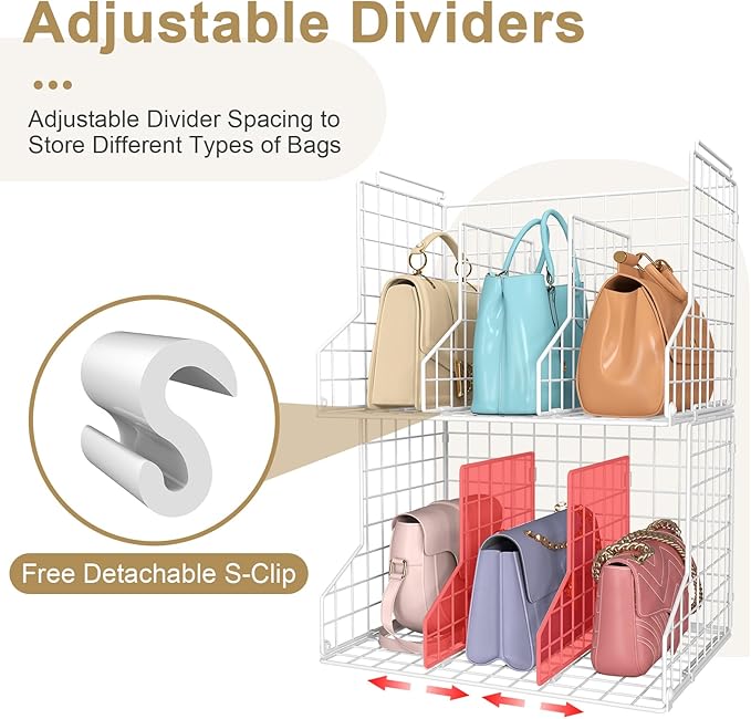 Sonyabecca Purse Storage Organizer for Closet : Adjustable 2-Pack Dividers Handbag Organizer - Stackable Wire Handbags Storage Baskets -Open Cabinets Wallets Tote Chain Bags Clutches -White
