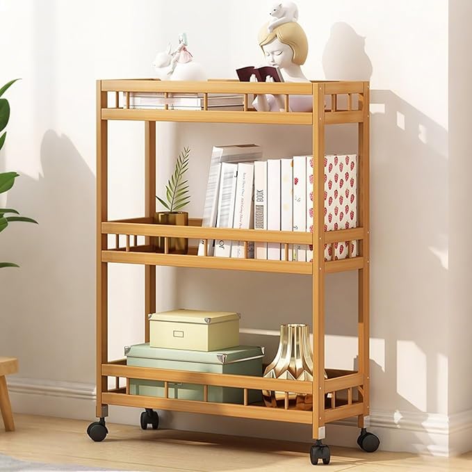 3/4Tier Slim Storage Rolling Cart with Wheel,Wood Storage Trolley Cart,Kitchen Rolling Utility Bamboo Kitchen Slide Out Organizer Rack,Mobile Shelving for Kitchen Bathroom gap(3Tier 50cmwide)