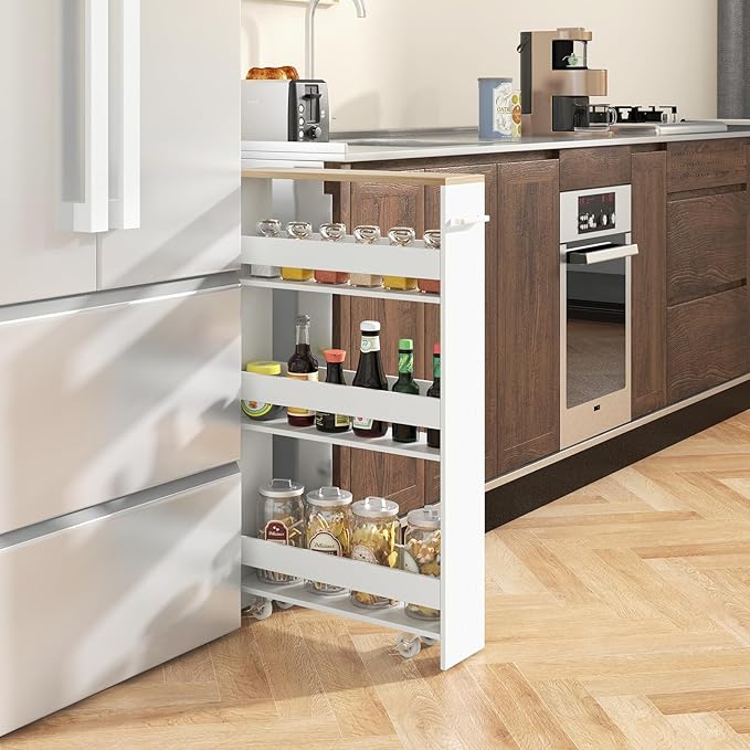 5”W Wooden Slim Rolling Storage Cart, 4 Tier Rolling Spice Rack with Handle, Cabinet Between Washer & Dryer, Slide Out Narrow Kitchen Cart for Kitchen Laundry Narrow Places