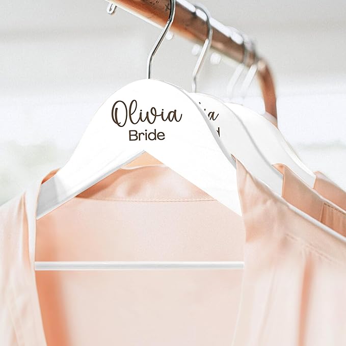 Personalized Bride and Groom Hangers With Custom Name and Date - Engraved Wood Bridal Party Hangers, Bridesmaid Gifts, Wedding Dress Hanger - White - 2 Pack