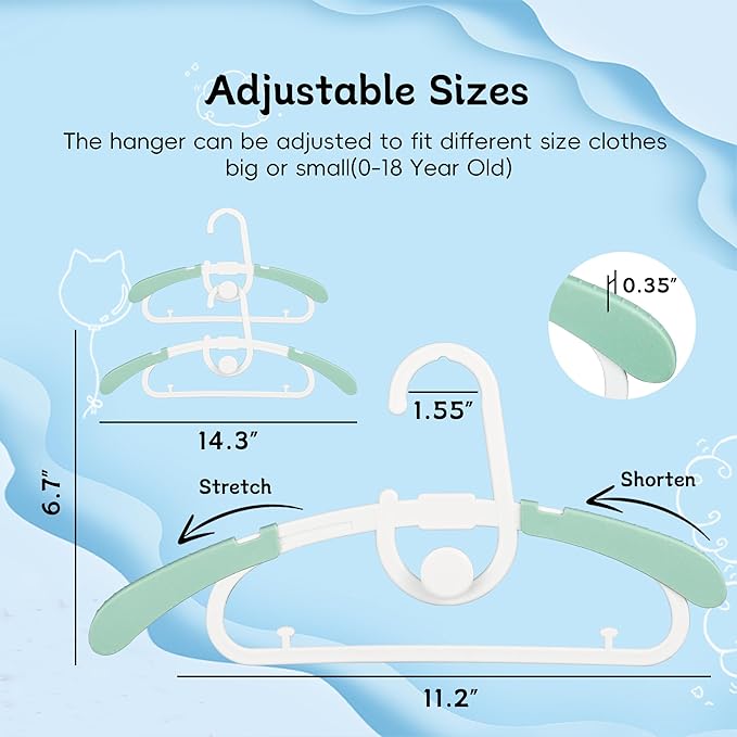 30 Pack Baby Kids Clothes Hangers Adjustable Stackable for Infant to Children - Thick Plastic, Non-Slip, Space Saving, Green
