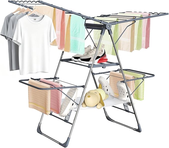 Clothes Drying Rack Foldable 2-Level Laundry Racks for Drying Clothes Rack,Stainless Steel Drying Rack Clothing Collapsible for Indoor Outdoor,with Height-Adjustable Wings (Gray- Medium)