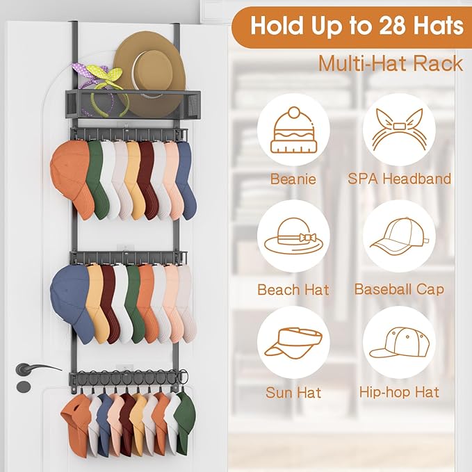 3 Tier Over Door Hat Rack with Basket - Hat Organizer Holder for Baseball Cap with 18 Hooks and 10 Movable Clips,Hat Hanger Storage Holds up to 28+ Caps for Door, Bedroom, Closet (Black)