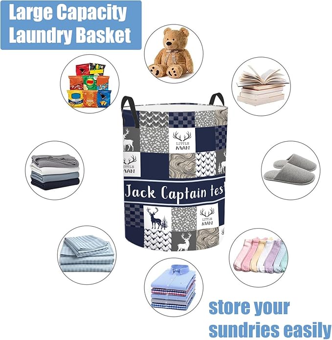 Personalized Name Laundry Basket for Kids Adults, Custom Woodland Deer Laundry Baskets for Toddler Boys Girls, Baby Laundry Hamper, Collapsible Clothes Storage Organizer