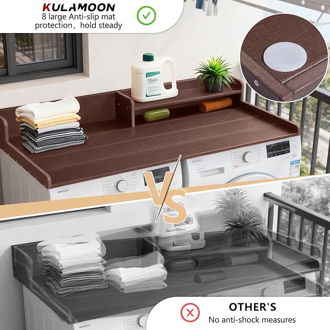 Washer and Dryer Countertop with Shelf, HDPE 2-Tier Laundry Countertop, 54" Wide Laundry Machine Topper with 2 Hooks & Non-Slip Pads for Laundry Room Organization and Folding Clothes (Brown)