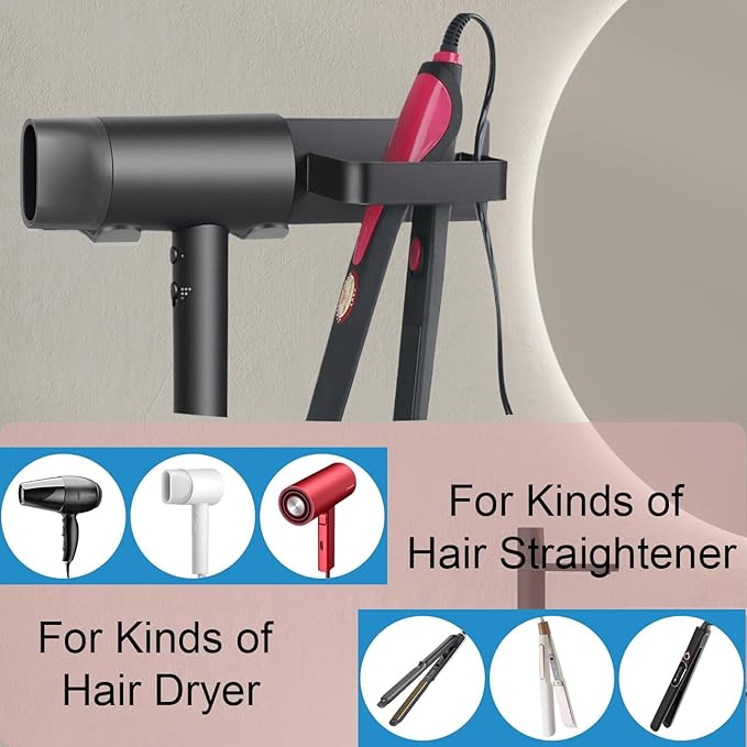 Hair Dryer Holder, Hairdryer Station Accessories Wall Mounted, Straightener Holder, Bathroom Hair Styling Care Tool Organizer, Multi-Functional Space Storage Bracket