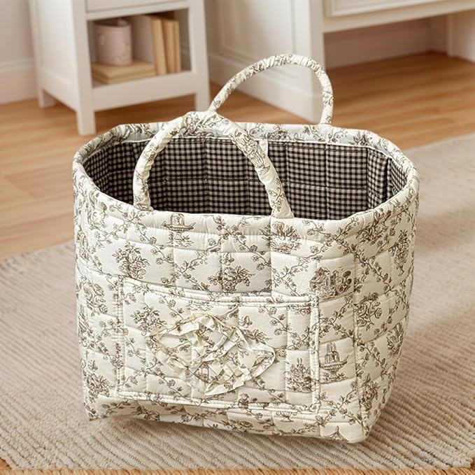 Floral Fabric Storage Basket Car Interior Storage Basket Underwear Sundries Laundry Baskets Supplies Home Organizer Bag (Coffee 1)