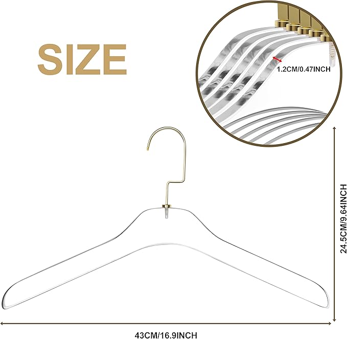 Quality Clear Acrylic Lucite Coat Suit Hangers, Stylish Clothes Hanger with Silver Hook - Coat Hanger for Dress, Suit - Adult Closet Organizer Hangers Gloss Gold, 5 Pcs