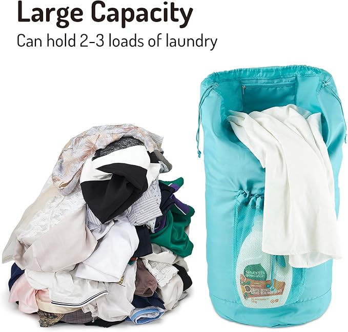 Seiritex Backpack Laundry Bag with Straps and Detergent Holder, Clothes Laundry Backpack for College Travel Apartment Dorm Room (Green)