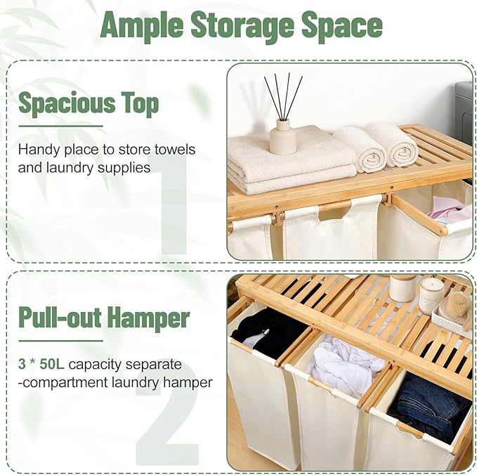 Bamboo Laundry Hamper 3 Section with Lid, 150L Laundry Sorter with Pull-Out Removable Washable Bags, 3 × 12.5 Gal Divided Laundry Baskets for Laundry Room, Bathroom (Beige)