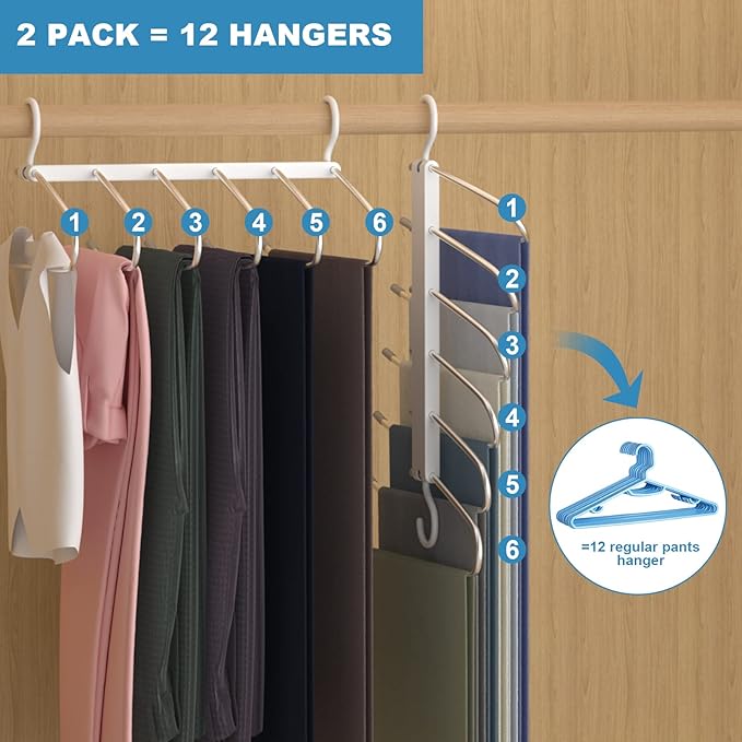Magic Pants Hangers Space Saving - 6 Tier Stainless Steel Multi Hangers in One for Hanging Pants, Jeans,Trouser - No Slip Vertical Collapsible for Closet Organizer Saver for Men Women, 2 Pack