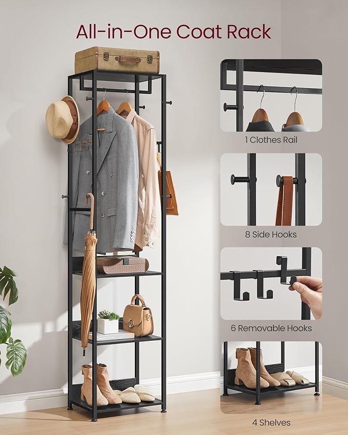 VASAGLE Coat Rack, Freestanding Hall Tree with Shelves, Hanging Rail, and Hooks, Space-Saving Coat Stand, Steel Frame, for Clothing, Bags, Hats, Ink Black and Charcoal Gray URCR061BD03