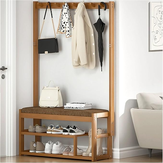 Hall Tree with Bench and Shoe Storage, Coat Rack Freestanding, Coat Hooks and Side Hooks, 5 in 1 Large Organizer, Sturdy Frame WithHooks for Entryway, Hallway(L63*W29CM/L24.8*W11.4IN)