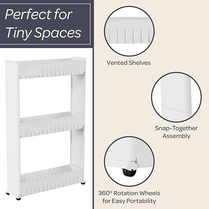 Lavish Home 3 Tier Shelf Rolling Cart - Narrow-Space Kitchen or Bathroom Shelf Organizer Cart - Slim Slide-Out Storage Shelves for Kitchen, Bathroom, Laundry and Pantry