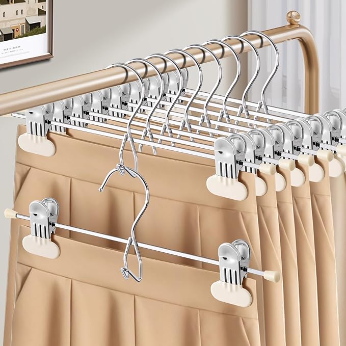 HUADYMEET 14Inch Pants Skirt Hangers Space Saving with Adjustable Wide Clips,Heavy Duty Stackable Non-Slip Metal Clothes Hanger for Men, Women, Jeans, Trousers, Shorts, Slacks,20 Pack（Beige）