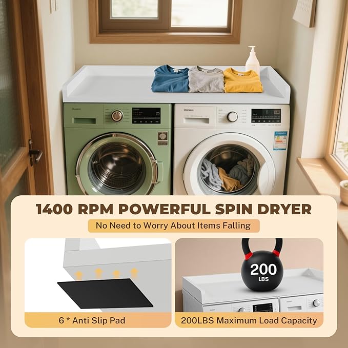 FAHKNS Washer Dryer Countertop - Wood Laundry Washer Dryer Topper with Anti-Slip Mat, 54" Width Waterproof Laundry Room Organization, Light & Save Space, White