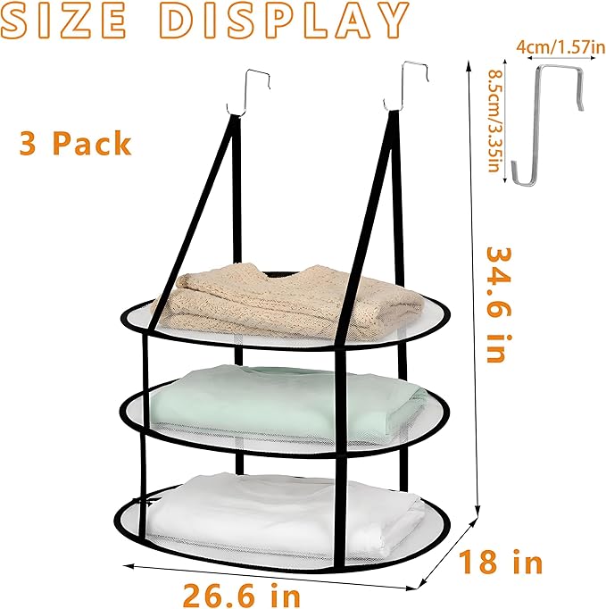SAMJANE Sweater Drying Rack Hanging – Lay-Flat Warp-Knit Airflow Mesh for Delicates, 3-Tier Foldable Space-Saving Door-Hanging Design for Fast Drying & No Deformation in Small Spaces (Black- 3 Pack)
